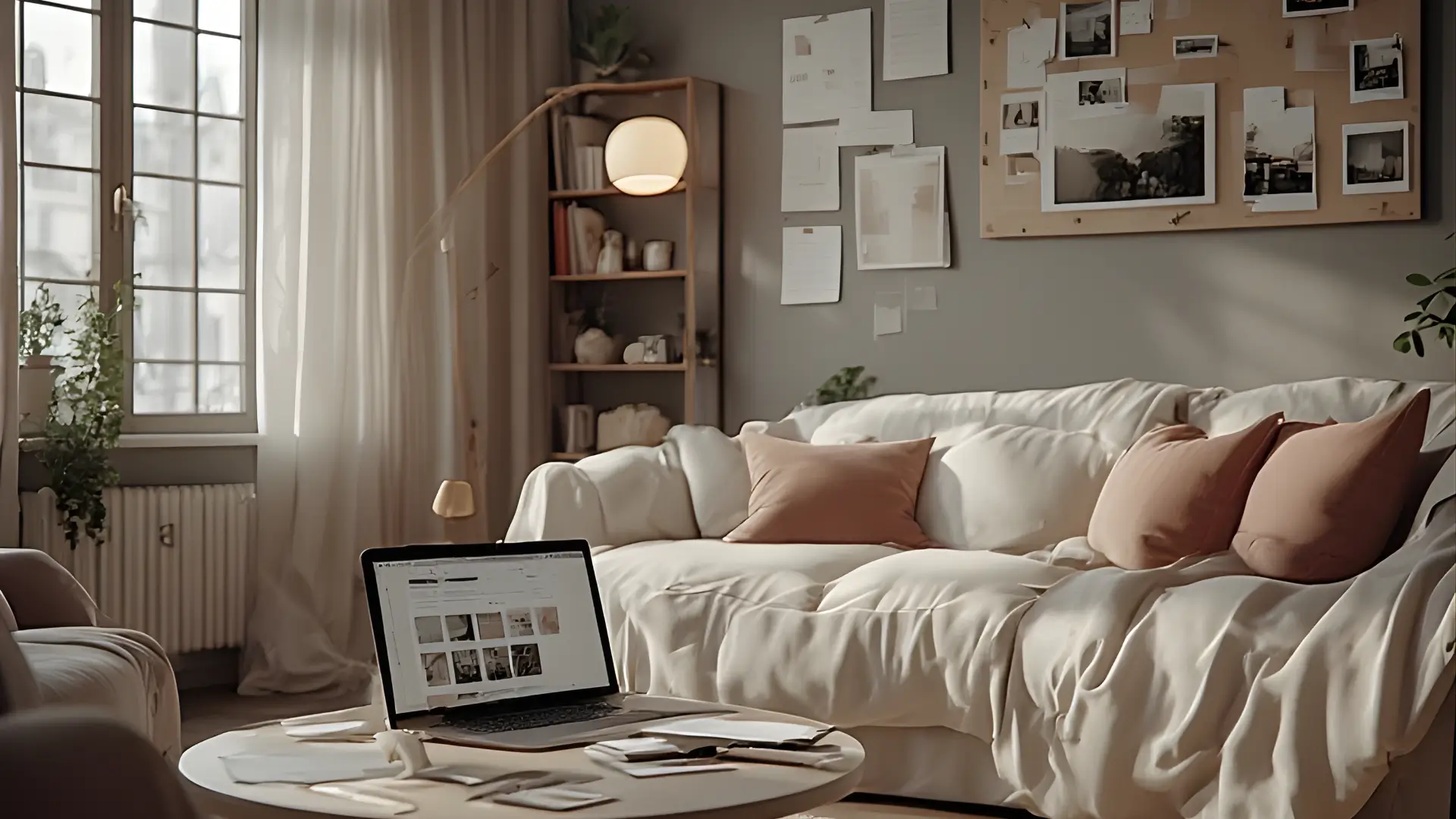 Feminine small-apartment living room and desk area styled as an OptimElle Life planning scene.