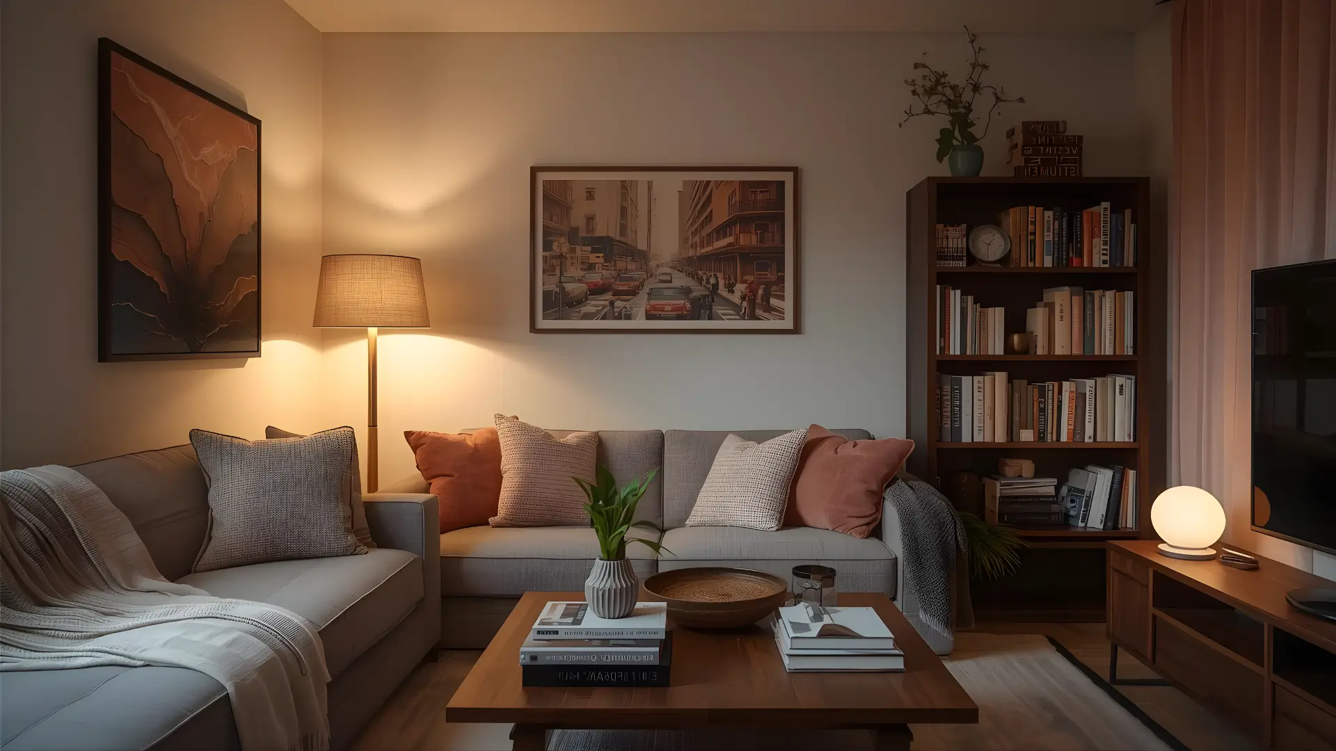 Small feminine studio apartment with a living area, bed zone and dining nook planned in one room.