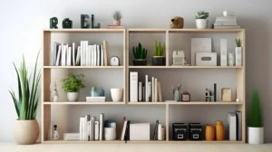 Aesthetic Home Office Ideas: The Complete 2026 Style Guide for a Beautiful, Productive Workspace 12 Styled bookshelf video call background with balanced books, a trailing plant, a ceramic vase, and a small framed print, seen from desk-camera perspective