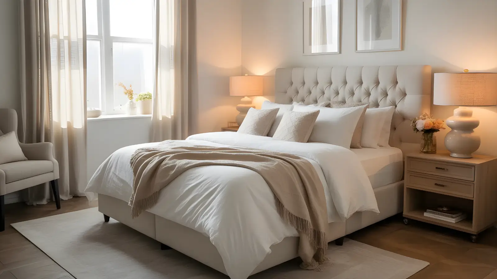 Bedroom decor ideas for women with layered neutral bedding, a tufted headboard, and warm lighting.