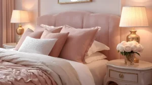 Soft feminine bedroom decor with blush bedding, a velvet headboard, and gold bedside lamps.