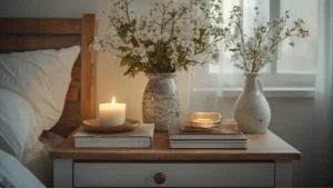Nightstand styled with a ceramic trinket tray, a lit candle, a small stack of books, and a bud vase with fresh flowers. 