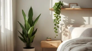 Bedroom corner with a tall snake plant, a trailing pothos on a high shelf, and a small succulent on the nightstand. 