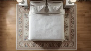 Queen bed on a properly sized area rug that extends well beyond the bed frame on all visible sides.