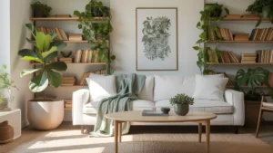 A nature sanctuary biophilic feminine living room with abundant green plants, linen textiles, and warm natural wood furniture