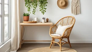 Boho earthy feminine home office with rattan desk, trailing plants, jute rug, macramé wall hanging, and warm terracotta accents