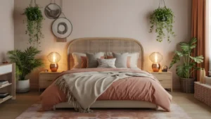 Boho bedroom with layered earth-tone textiles, a rattan headboard, hanging plants, and warm ambient lighting.