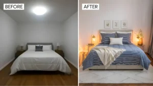  Side-by-side comparison of a bedroom before and after a budget-friendly makeover with new bedding, a rug, and updated lighting. 