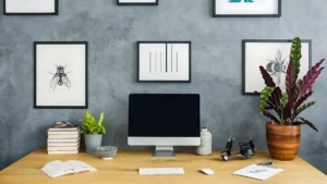 A decorated budget home office wall with framed free printable botanical art in thrifted frames, a small cork pinboard, and a trailing pothos plant on a floating shelf