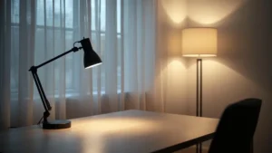 A bright home office desk positioned beside a window with sheer curtains, a simple adjustable desk lamp, and a floor lamp in the corner, demonstrating budget-friendly layered lighting