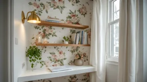 Cozy Home Office Ideas: The Complete Guide to a Warm, Productive Workspace 9 A converted closet home office with a narrow white floating desk, a warm brass wall sconce, two wooden shelves above holding books and a small trailing pothos plant, peel-and-stick floral wallpaper lining the back wall, and a cream linen curtain pulled to one side.