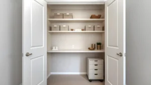 Closet home office with shelves, drawers and boxes for smart storage and organization