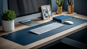 corporate-cubicle-desk-decor-for-women-professional .webp Alt: A professional yet feminine corporate cubicle desk setup for women with a navy desk mat, a small plant, a framed photo, and matching gold-toned organisers