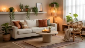 A cozy boho feminine living room with rattan furniture, layered rugs, trailing plants, and warm earthy tones