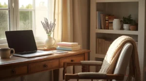 Aesthetic Home Office Ideas: The Complete 2026 Style Guide for a Beautiful, Productive Workspace 9 Cozy cottagecore home office corner with a vintage wooden desk, dried flowers in a ceramic vase, a knitted throw on an upholstered chair, and warm natural light