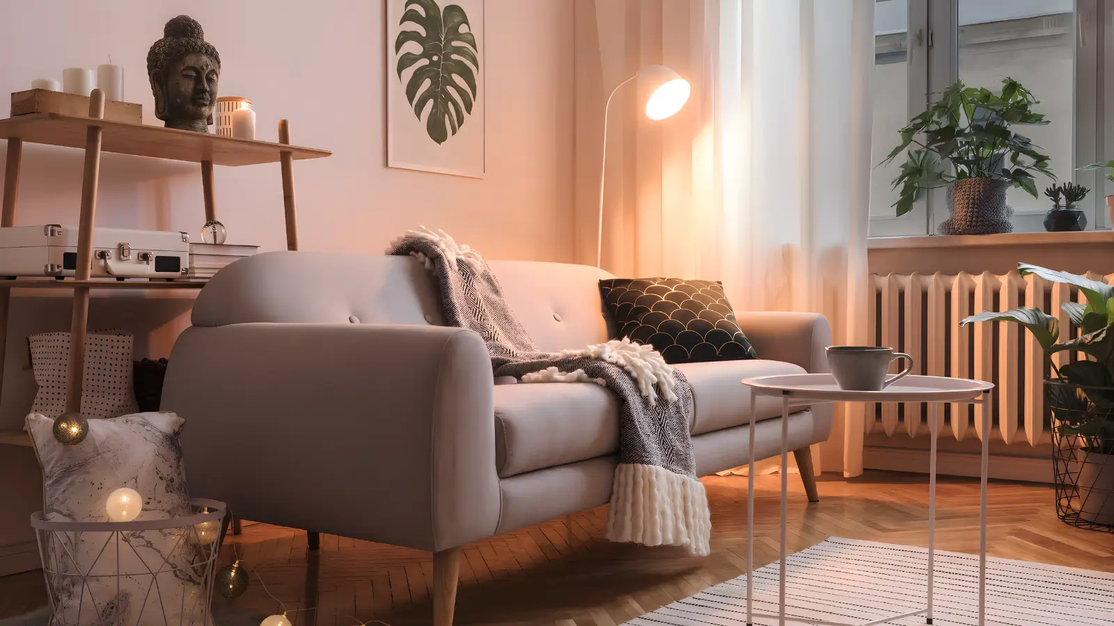 Cozy home office with warm lighting, soft textures and hygge-inspired decor for women