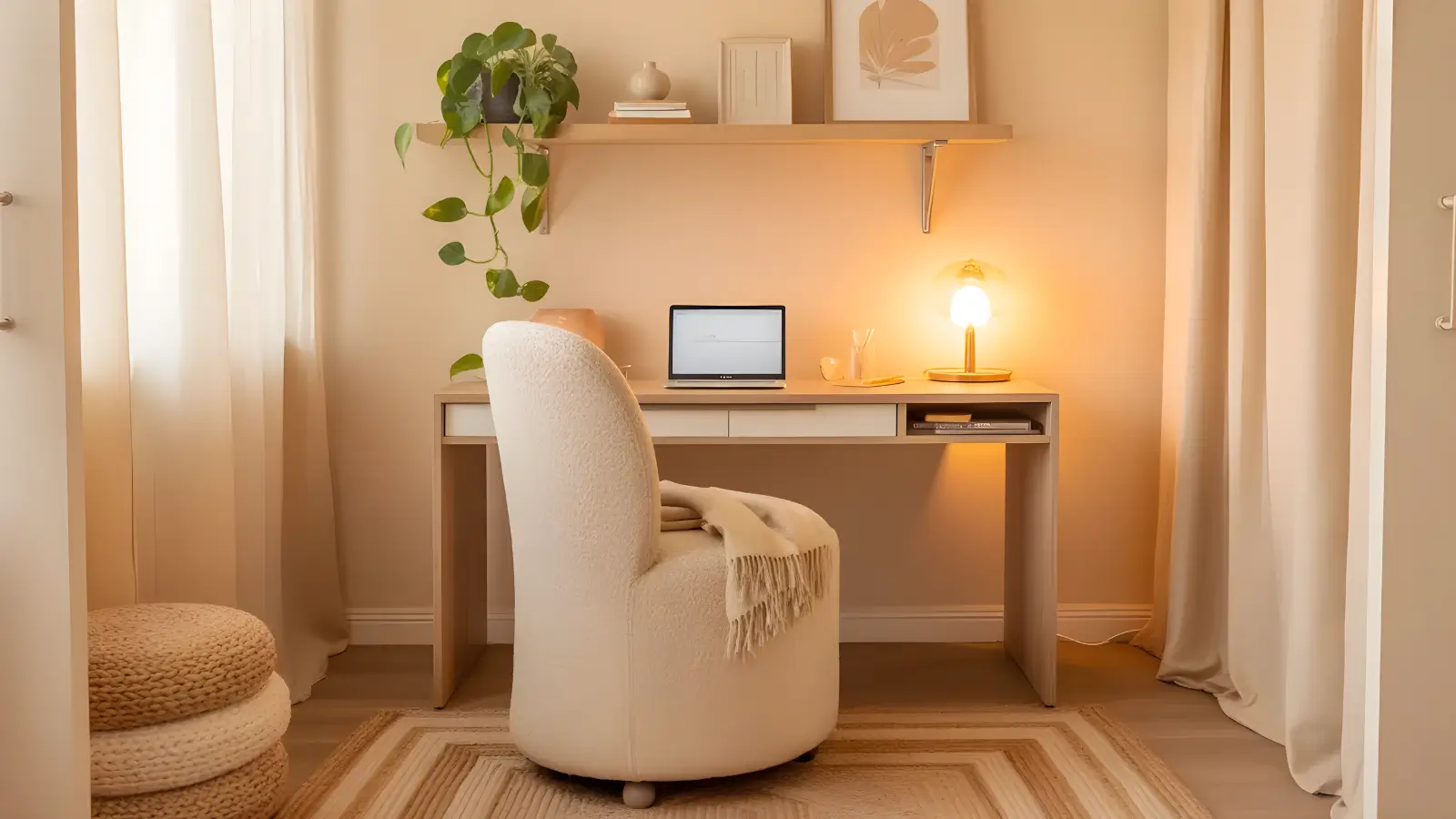 Cozy Home Office Ideas - A bright yet warm cozy home office featuring a wooden desk, a bouclé upholstered chair, a layered jute and wool rug, a pothos plant on a floating shelf, and a soft throw draped over the chair back, bathed in warm lamp light with cream and caramel tones throughout.