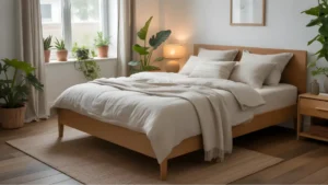 Cozy organic bedroom with linen bedding, a solid wood bed frame, a woven rug, and potted plants near the window. 