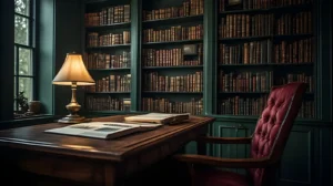 Cozy Home Office Ideas: The Complete Guide to a Warm, Productive Workspace 7 A dark academia cozy home office with deep forest green walls, floor-to-ceiling bookshelves filled with leather-bound books, a rich walnut desk, a vintage brass desk lamp casting warm light, and a burgundy velvet cushion on a dark wood chair.