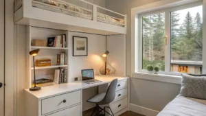 A budget-friendly home office in a bedroom corner with a small white desk, a thrifted chair with a cushion, a small rug defining the work area, and a simple curtain divider