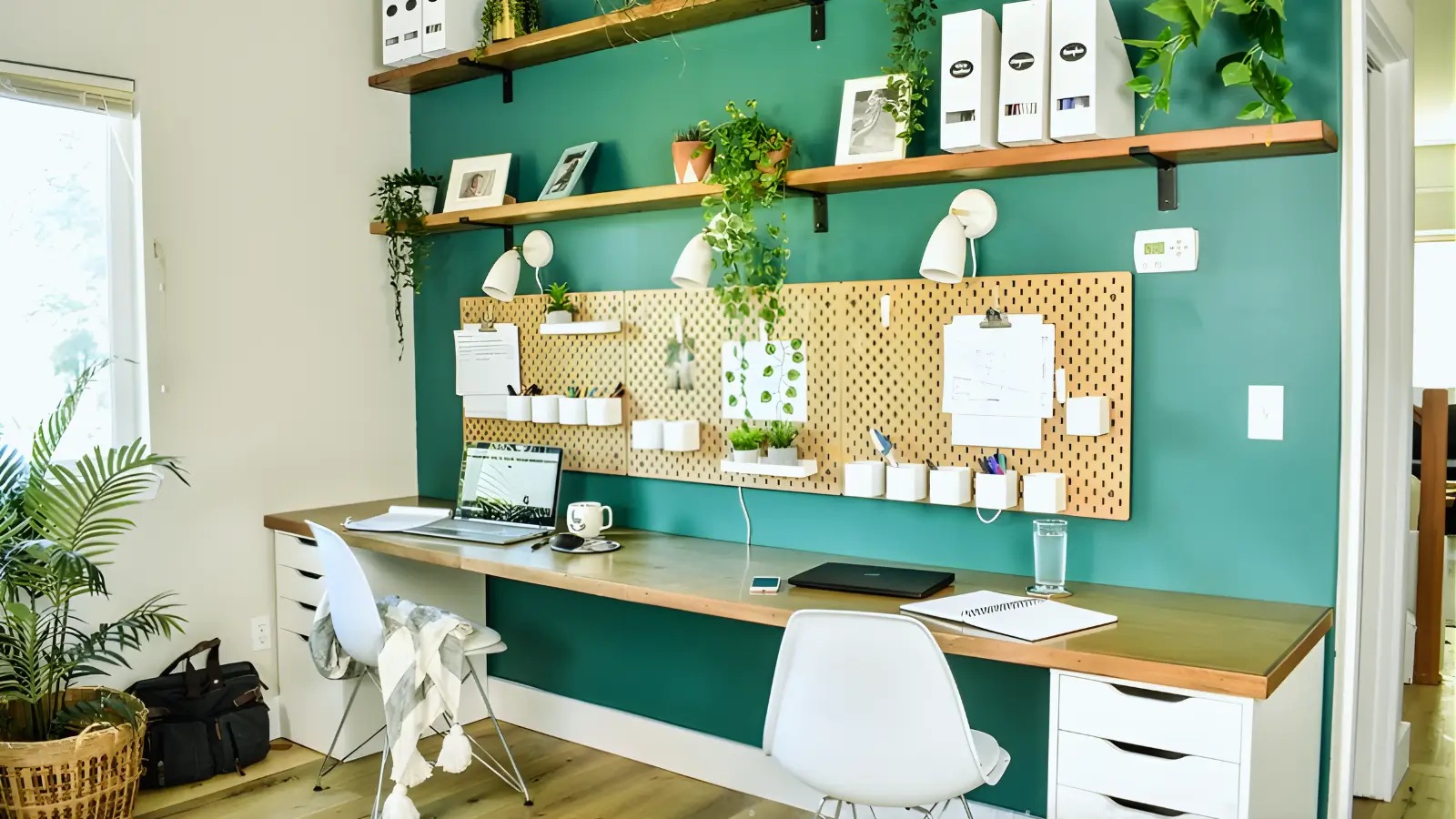 DIY personalized home office with custom built-in shelves and creative handmade decor touches
