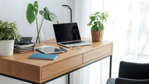 Home Office Desks for Women: How to Choose the Right Desk for Your Style, Space and Work 8 A feminine executive desk in a styled home office with a desk lamp, small plant, desk mat, and curated accessories in warm neutral tones.