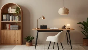2026 feminine home office trend showcase with arched bookcase, warm oak desk, mixed brass and matte black metals, trailing plants, and layered lighting