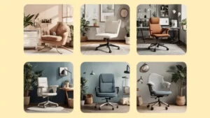 A collage of five feminine home office styles showing ergonomic chairs in minimalist, soft feminine, dark academia, boho, and Japandi settings.