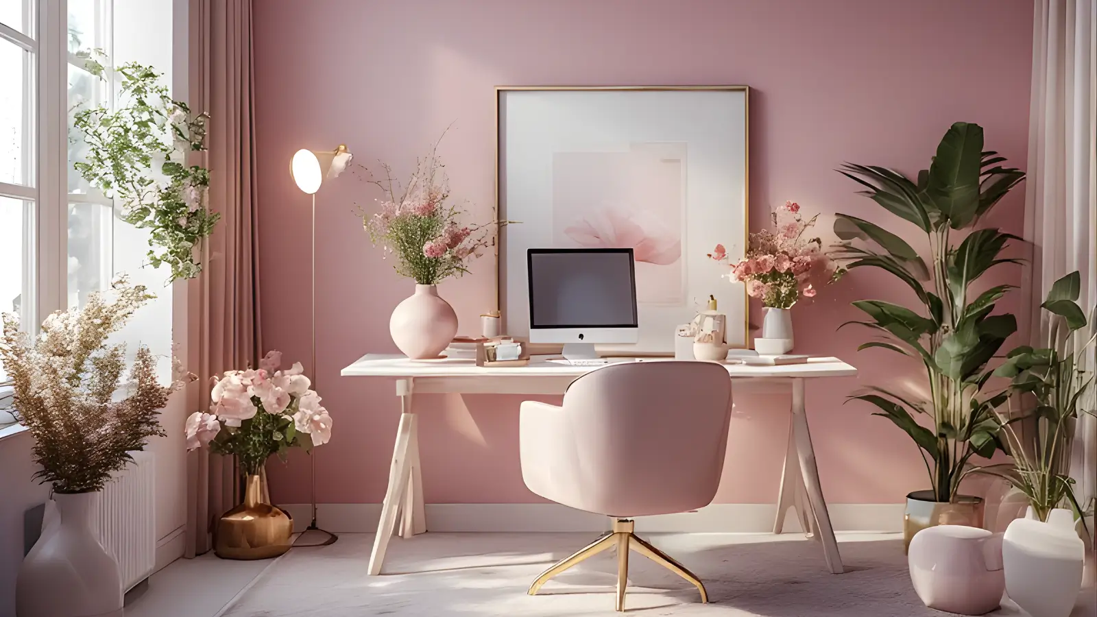 Feminine home office with blush pink decor, gold accents and floral styling for women