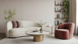 A feminine living room furniture arrangement showing a curved sofa, accent chair, and round coffee table with balanced proportions
