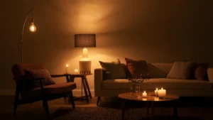 A feminine living room at evening with layered lighting from a pendant, table lamp, floor lamp, and candle, es creating a warm atmosphere