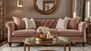 A soft glam, feminine living room with a blush velvet sofa, gold accents, a glass coffee table, and warm ambient lighting