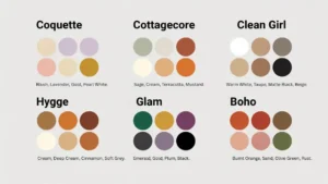 Six color palette swatches for feminine studio apartment aesthetics, including coquette, cottagecore, clean girl, hygge, maximalist glam, and boho