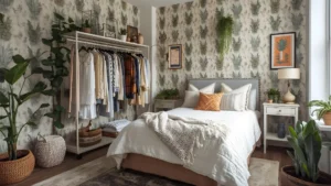 Stylish first-apartment bedroom with peel-and-stick wallpaper, a rolling clothing rack, and layered affordable textiles.