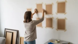 A woman arranging kraft paper templates on a living room wall with painter’s tape to plan a gallery wall layout before hanging frames