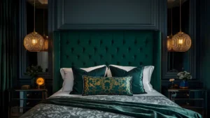 Glamorous bedroom with a tufted velvet headboard in emerald green, gold pendant lights, and mirrored nightstands. 
