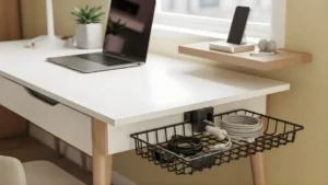 Under-desk cable management tray and organized charging station in a home office