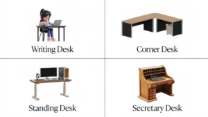 Home Office Desks for Women: How to Choose the Right Desk for Your Style, Space and Work 5 Illustration showing different home office desk types for women, including a writing desk, standing desk, and corner desk in feminine styles.