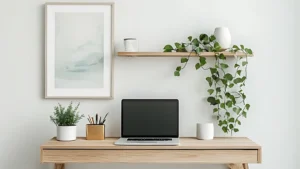 A woman’s home office desk setup with floating shelves above displaying art prints, a small trailing plant, and minimal decorative objects against a light wall