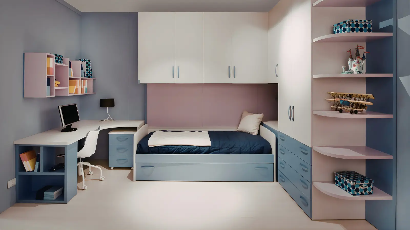 Home Office Storage Ideas - Feminine home office with smart storage ideas, shelves, cabinets, and a tidy desk in a small apartment