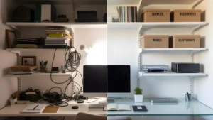 Before and after home office storage makeover with decluttered shelves and organized desk