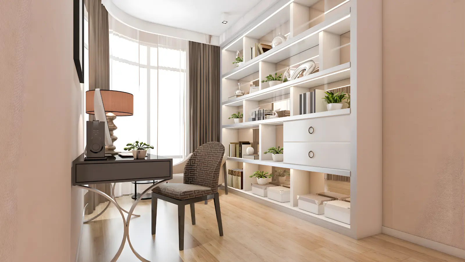 Home office storage solutions with wall shelves, drawer units and stylish desk organizers for women
