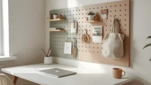 A styled pegboard above a minimalist home office desk with small shelves, plants, photos, and supplies arranged as functional wall decor