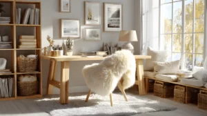 Cozy Home Office Ideas: The Complete Guide to a Warm, Productive Workspace 6 A Hygge-style cozy home office with a light oak desk, a white sheepskin draped over a wooden chair, a chunky knit throw on a nearby armchair, a lit candle on the desk, and a soft cream wool rug on a light wood floor, flooded with gentle natural light from a linen-curtained window.