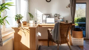 Home Office Desks for Women: How to Choose the Right Desk for Your Style, Space and Work 7 An L-shaped desk in a dedicated home office room for women with natural light from a side window, styled bookshelves behind, and a comfortable ergonomic chair.