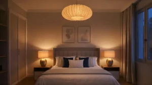 Bedroom demonstrating layered lighting with a statement pendant, warm bedside table lamps, and subtle accent lighting. 