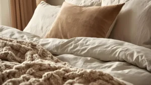 Beautifully layered linen bedding in neutral tones with velvet accent pillows and a chunky knit throw.