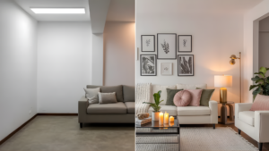 A side-by-side before and after showing a generic living room transformed into a feminine, styled space with affordable decor changes