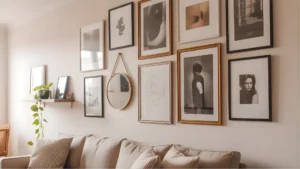A modern, feminine living room with a salon-style gallery wall above a linen sofa featuring mixed frames with personal photos, abstract prints, and a small round mirror