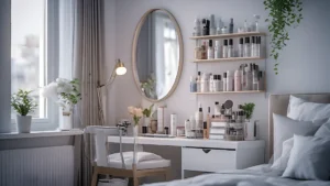 Small bedroom vanity organization ideas for women with wall-mounted storage 